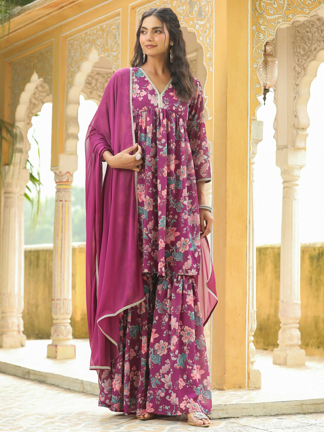 Janasya Purple Georgette Floral Kurta,Bottom & Dupatta | Swadesiicart