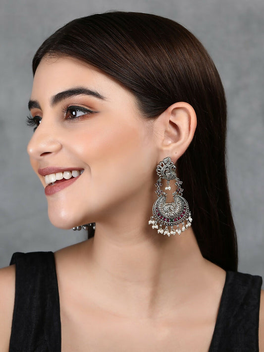 Joban Fashion Women Red Stones Silver Tone Brass Earrings | Swadesiicart