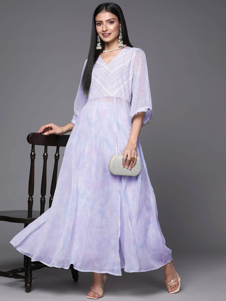 Ahalyaa Lavender & White Floral Printed High Slit Sequined Kurta with Palazzos | Swadesiicart