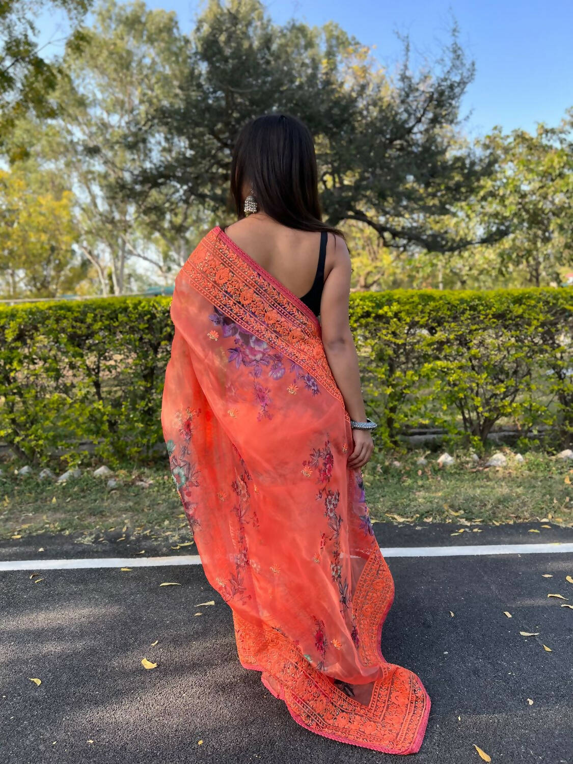 Vamsee Orange Organza Saree - Swadesiicart