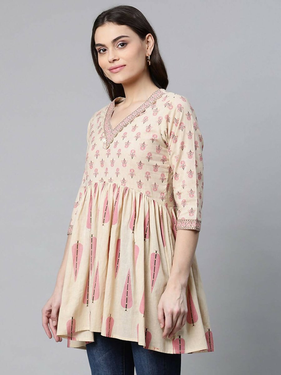 Ahalyaa Women Beautiful Beige Pure Cotton Printed Tunic | Swadesiicart