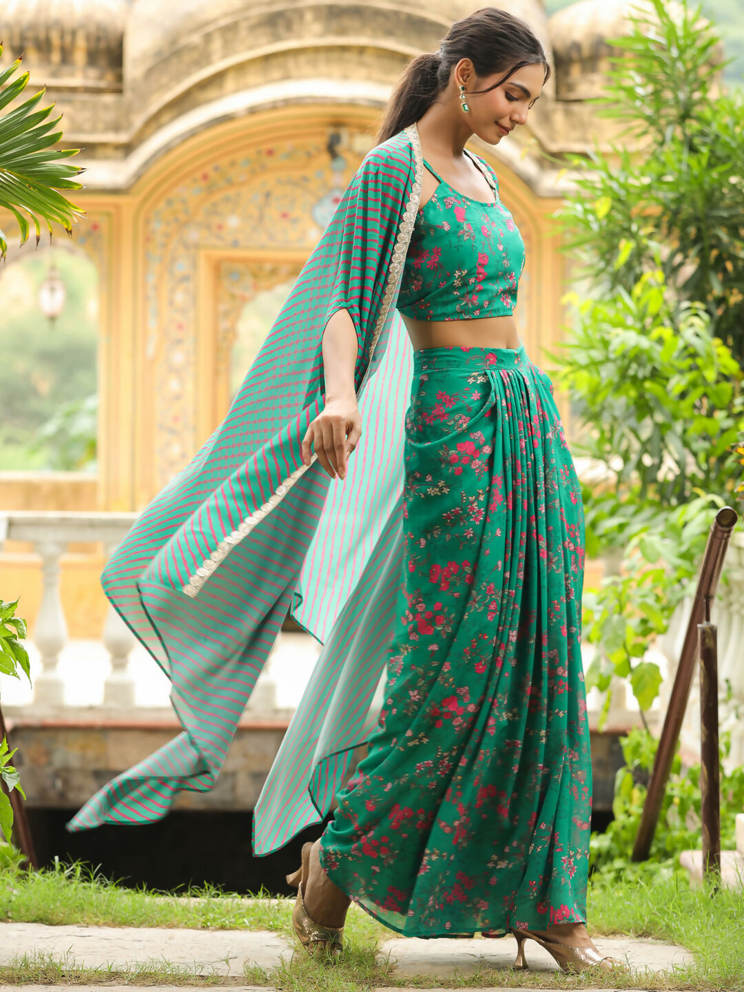 Janasya Green Georgette Floral Top Bottom Cape | Swadesiicart