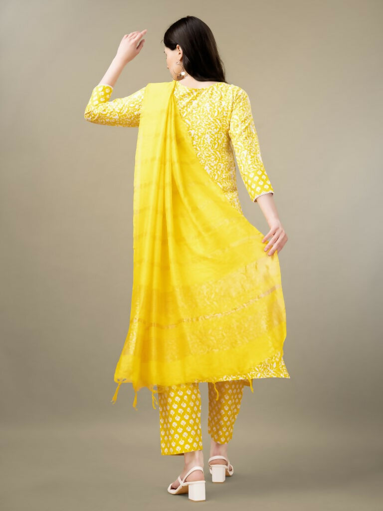 Jyoti Fashion Women's Yellow Rayon Embroidery & Sequence work Kurta with Trouser & Dupatta | Swadesiicart