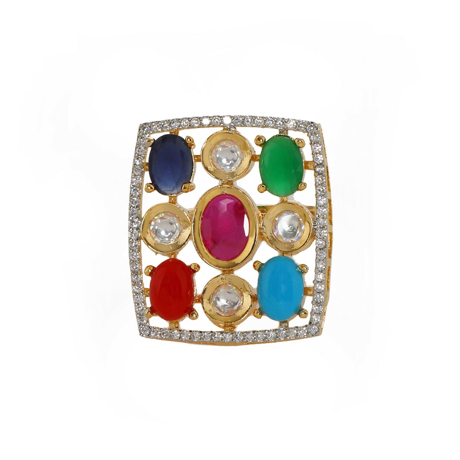 Navratan Kundan Ring (Multi Color) - Ruby Raang | Swadesiicart