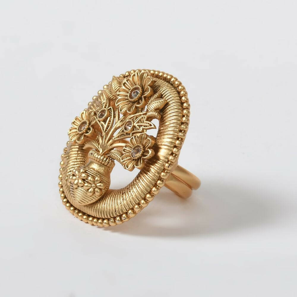 Mominos Fashion Joharkamal Gold-Polished Stone Studded Adjustable Finger Ring - Design 15 | Swadesiicart