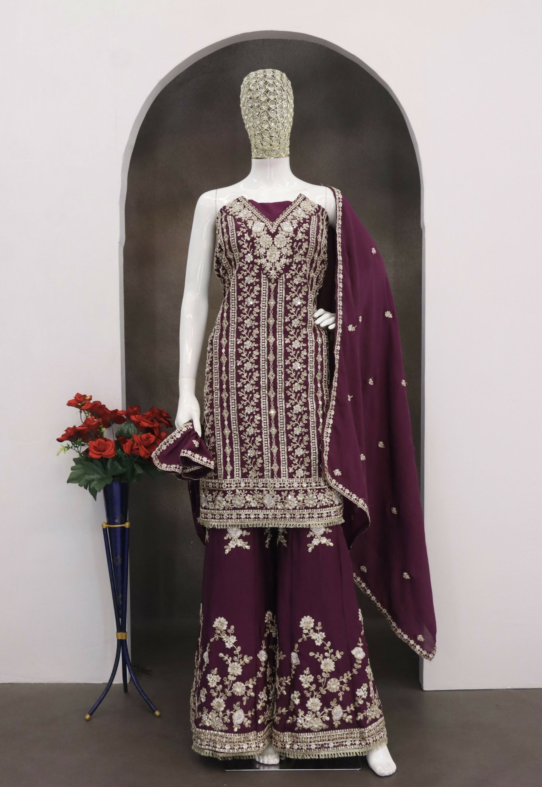 Anaita Maroon Chinon Stitched Suit with Embroidery Coding Sequence Work