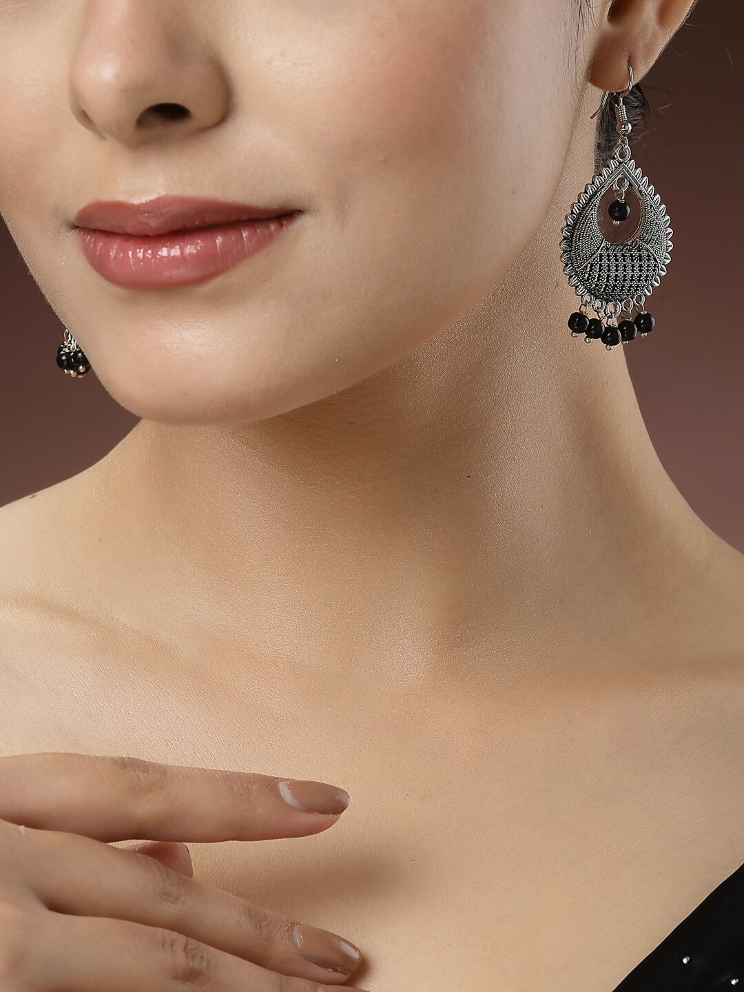 NVR Women's Set of 3 Silver-Toned German Silver Oxidised Dome Shaped Jhumka Earrings | Swadesiicart