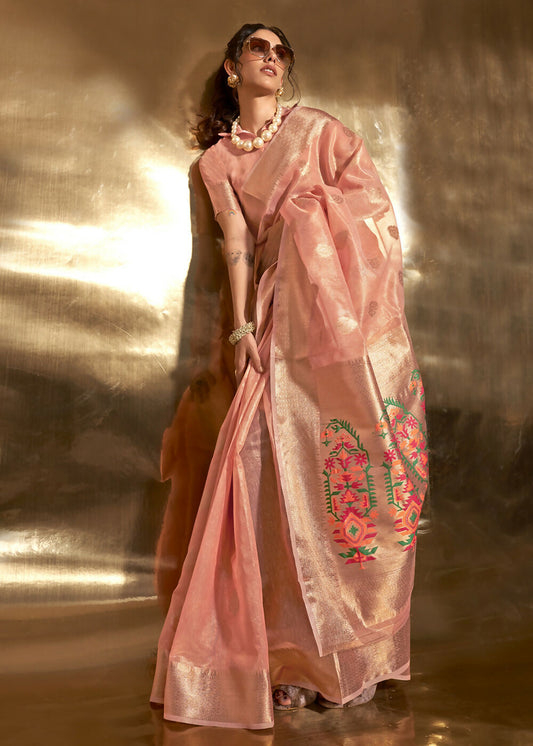 Peach Handwoven Tissue Fabric Festive & Party Style Saree - Emponline | Swadesiicart