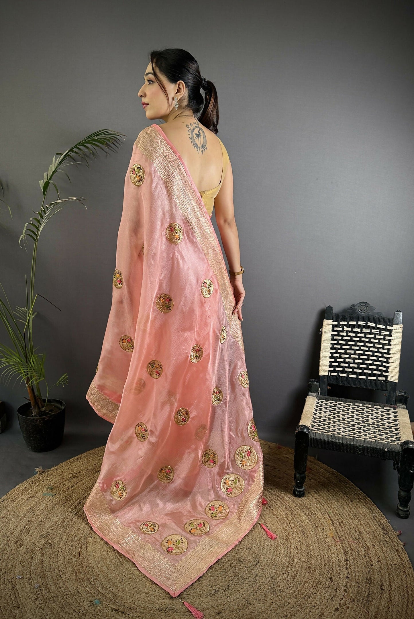 Joban Fashion Baby Pink Handloom Banarasi Organza Silk Khatali Butta Work Saree | Swadesiicart