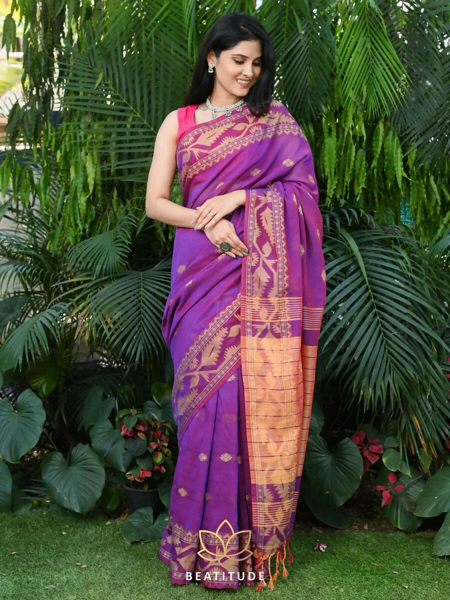 Exclusive Collection Beautiful Violet Pure Cotton Woven Handloom Saree With Running Blouse Piece - Swadesiicart
