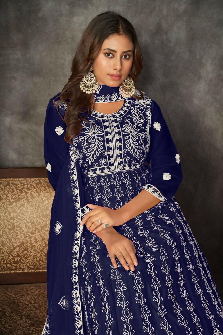 Jyoti Fashion Women's Blue Net Embroidered Anarkali Kurta Pant Set With Dupatta | Swadesiicart