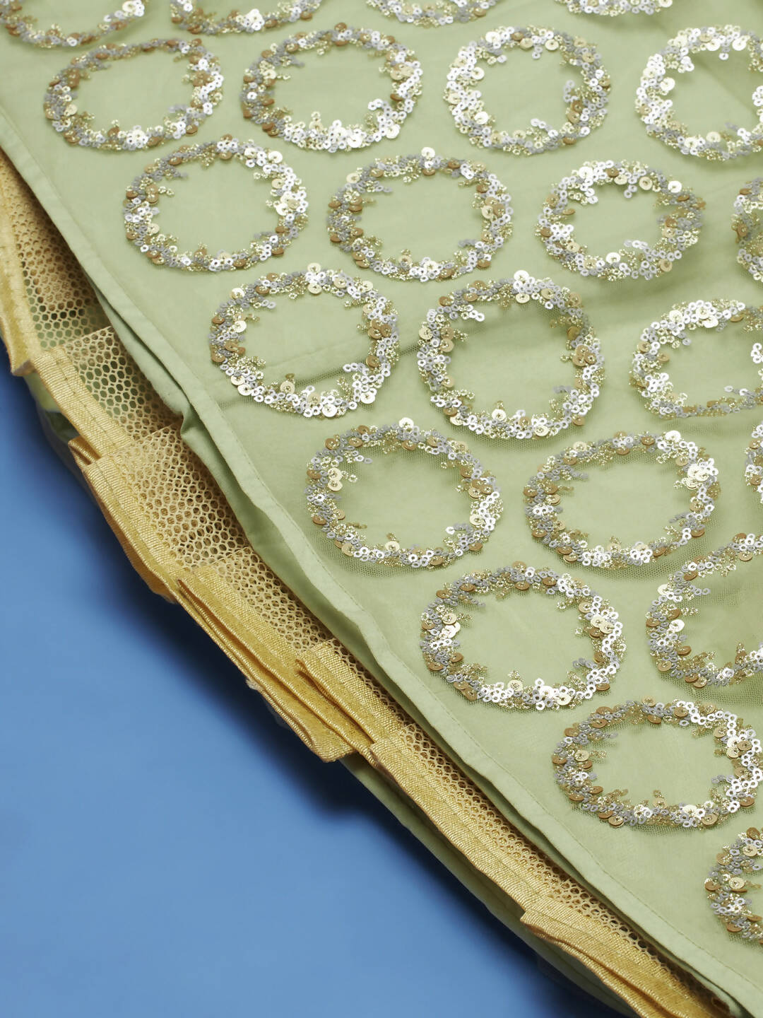 House of Panchhi Lime Green Net Embroideried Round Sequins Lehenga | Swadesiicart