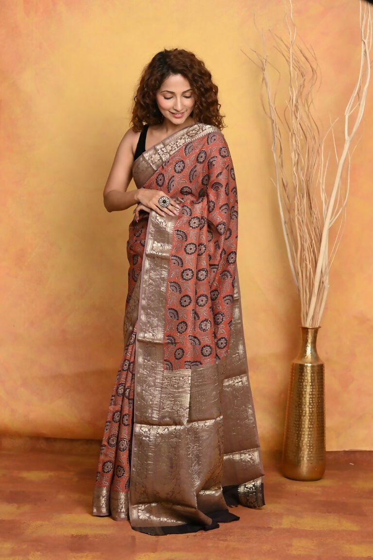Very Much Indian Modal Silk Ajrakh Handblock Printed Natural Dyes With Designer Border Saree - Red | Swadesiicart