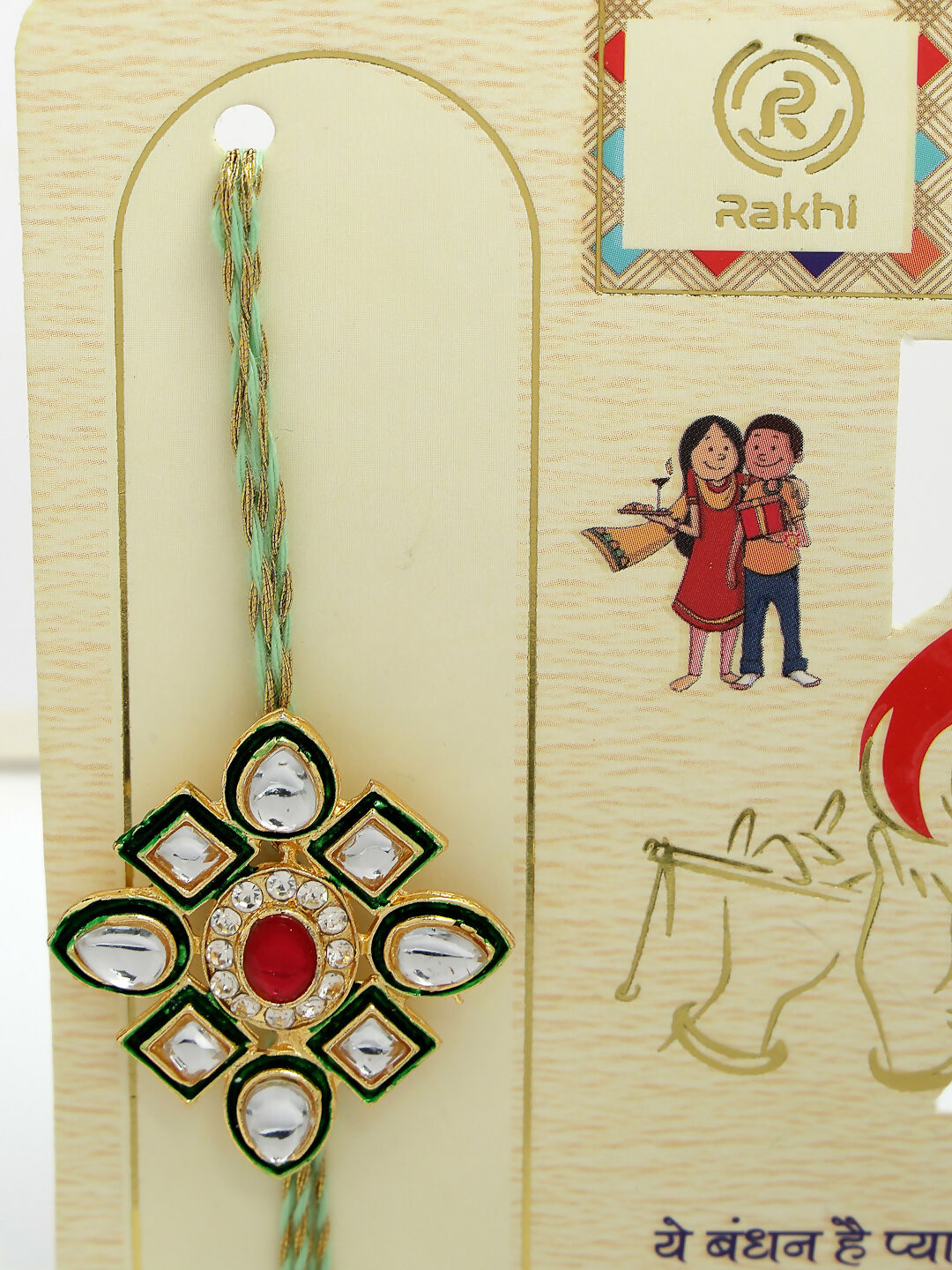 NVR Women & Men Set of 2 Gold Kundan-Studded Handcrafted Wraparound Rakhi Set With Roli Chawal | Swadesiicart