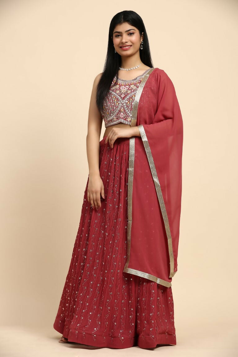 Red Georgette Embroidered Lehenga choli with Dupatta - Dhara | Swadesiicart