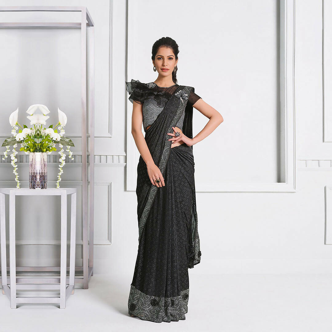 Black Fancy Lycra Handwork Shoulder Butta Saree - Mohmanthan Izzara