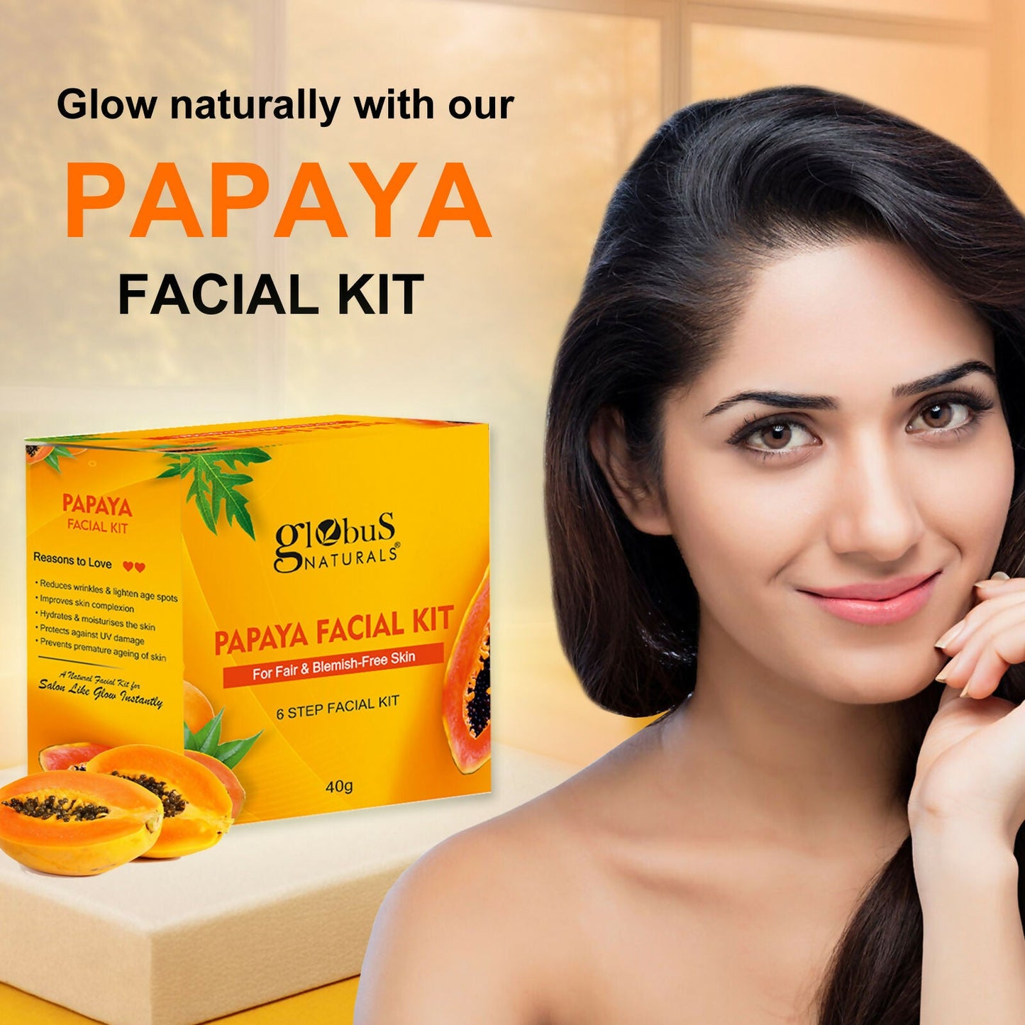 Globus Naturals Papaya Facial Kit For Blemish Free Skin & Anti-Pigmentation, 6 Steps | Swadesiicart
