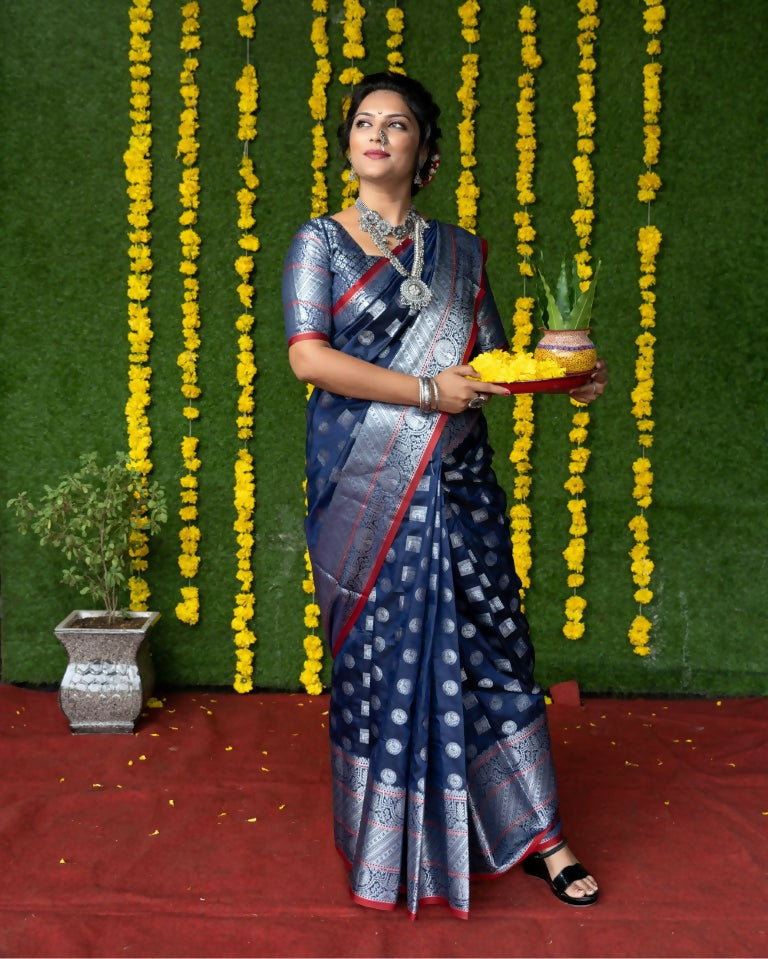 Jyoti Fashion Women's Navy Blue Soft Handloom Silk Zari Woven Saree with Blouse | Swadesiicart