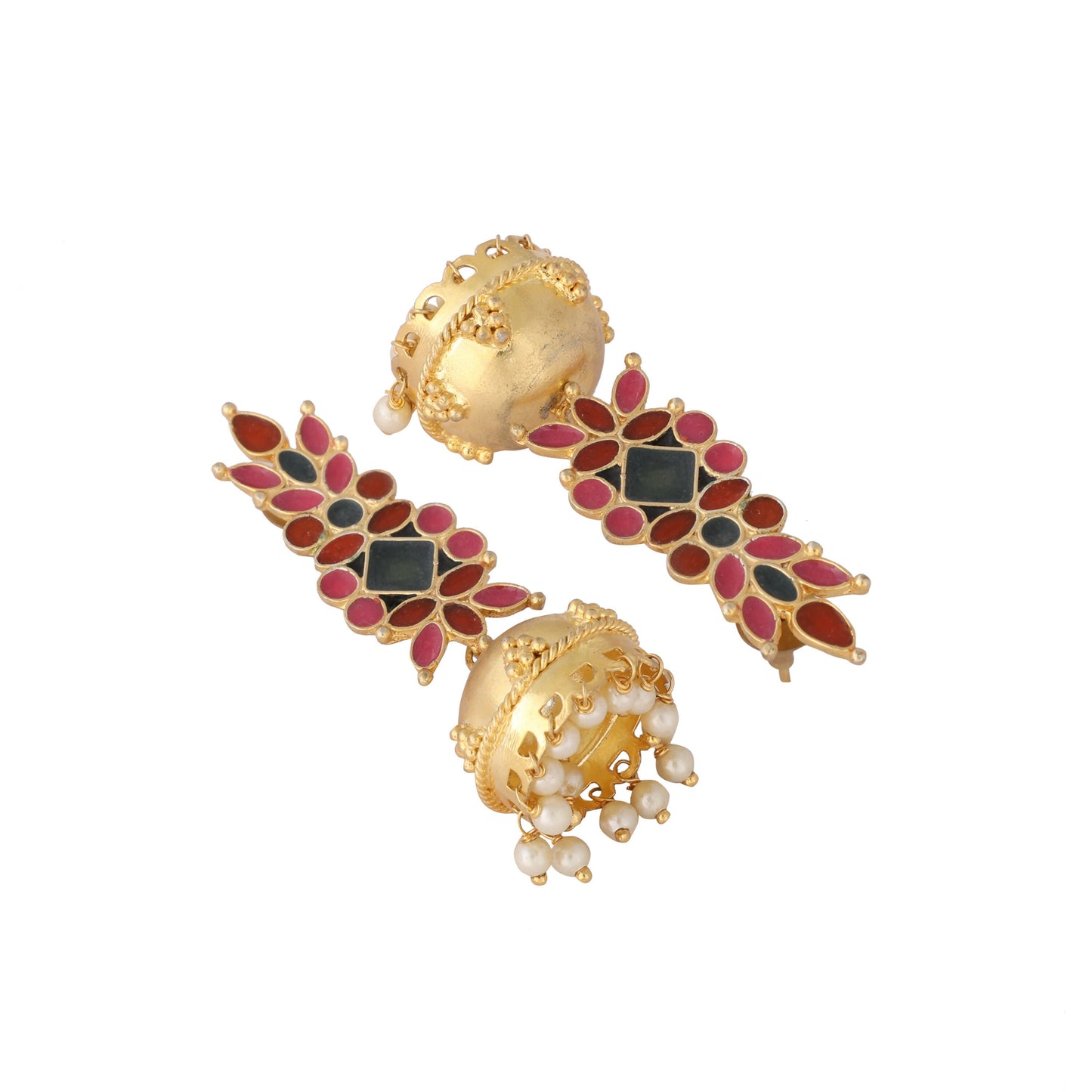 Nuyug 22K Gold-Plated Enamel & Beaded Dome Shaped Jhumka Earrings | Swadesiicart