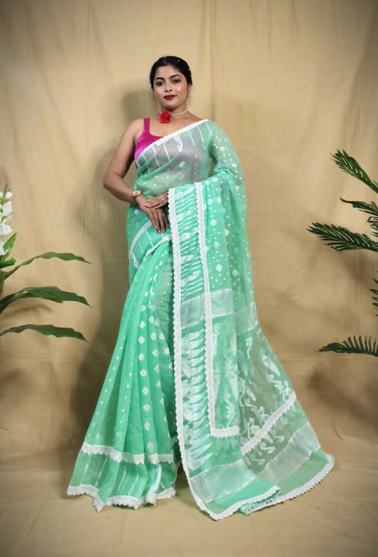 Exclusive Collection Beautiful Turquoise Jaal Jamdani Saree - Swadesiicart