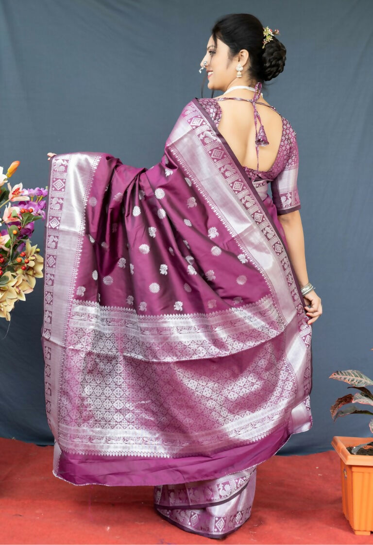 Jyoti Fashion Women's Wine Soft Banarasi Silk Zari Woven Saree with Blouse | Swadesiicart
