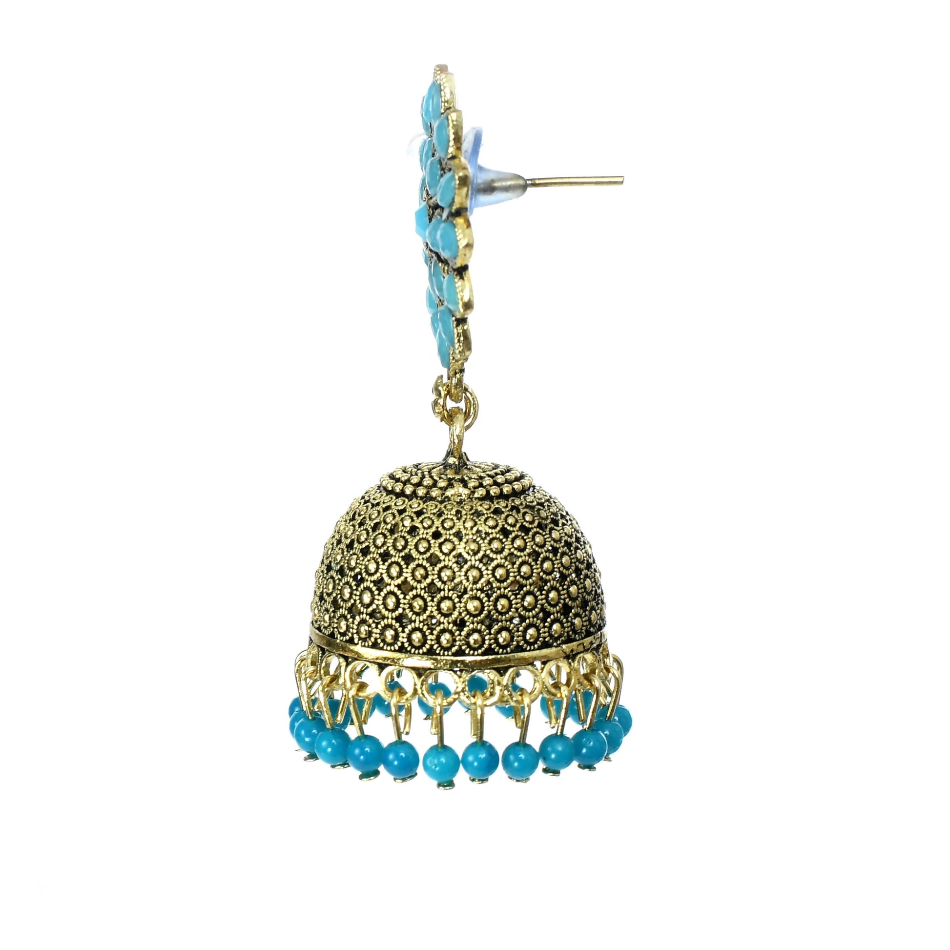 Mominos Fashion Johar Kamal Beautiful Kundan Work Jhumka With Sky Blue Beads - Swadesiicart