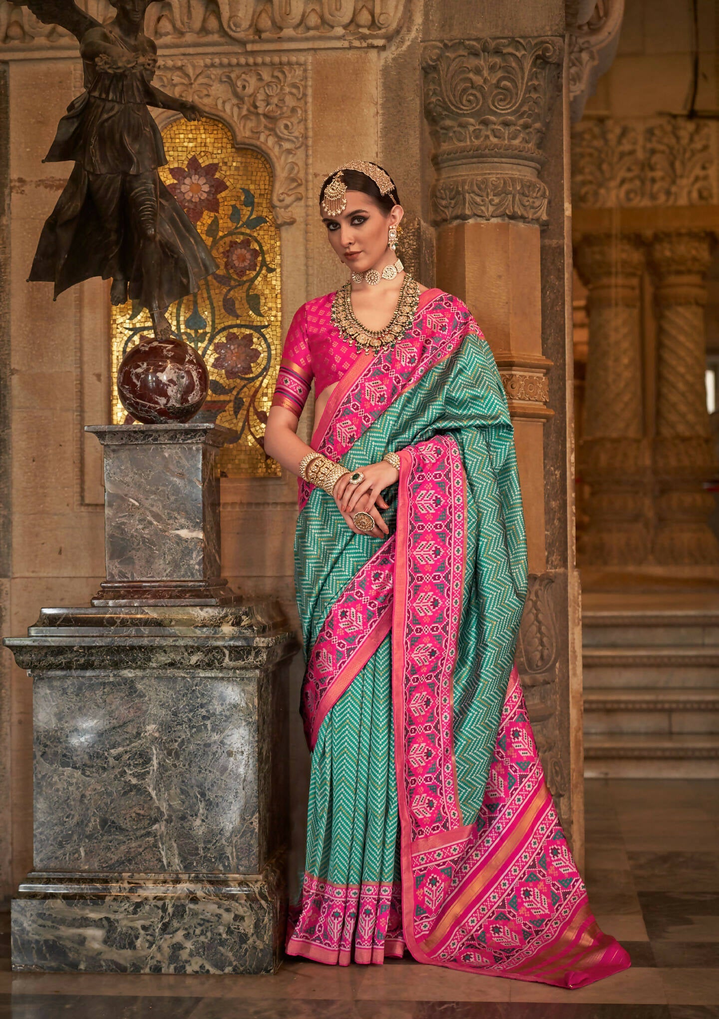 Persian Green Banarasi Weaving, Ultra Aqua Finish, Zari Work Banarasi Silk Saree - Rath Kunti - Swadesiicart