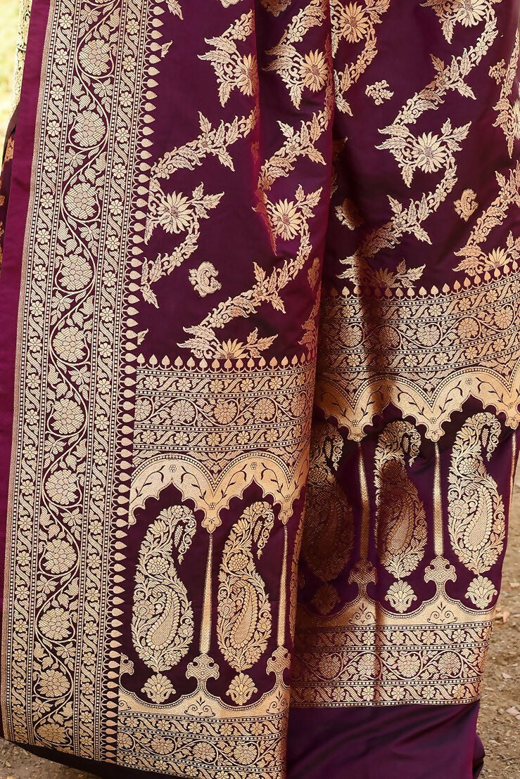 Joban Fashion Wine Banarasi Soft Pure Handloom Banarasi Silk Saree | Swadesiicart
