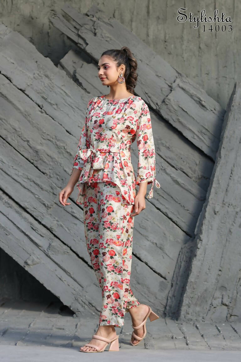 Women's Partywear Designer White & Multi Muslin co-ord set - Stylishta - Swadesiicart