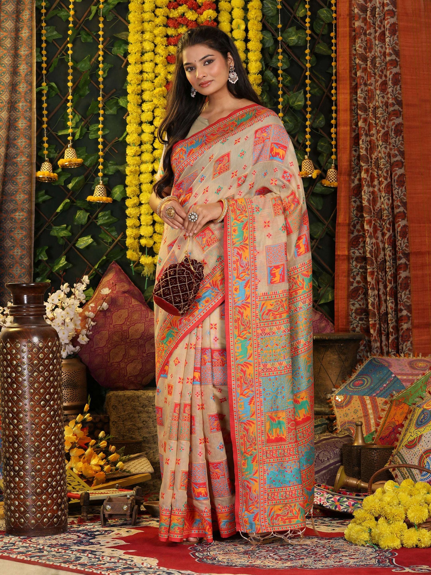 Shree Shyam Fashion Linen Cotton Off White Saree