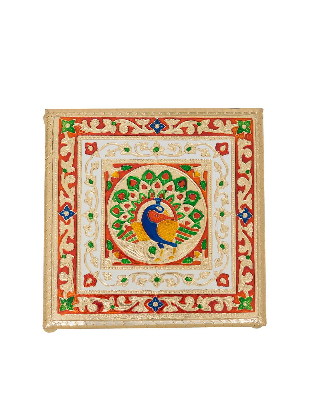 Golden Peacock Gold-Toned & Red Handcrafted Minakari Peacock Design Wooden Chowki | Swadesiicart