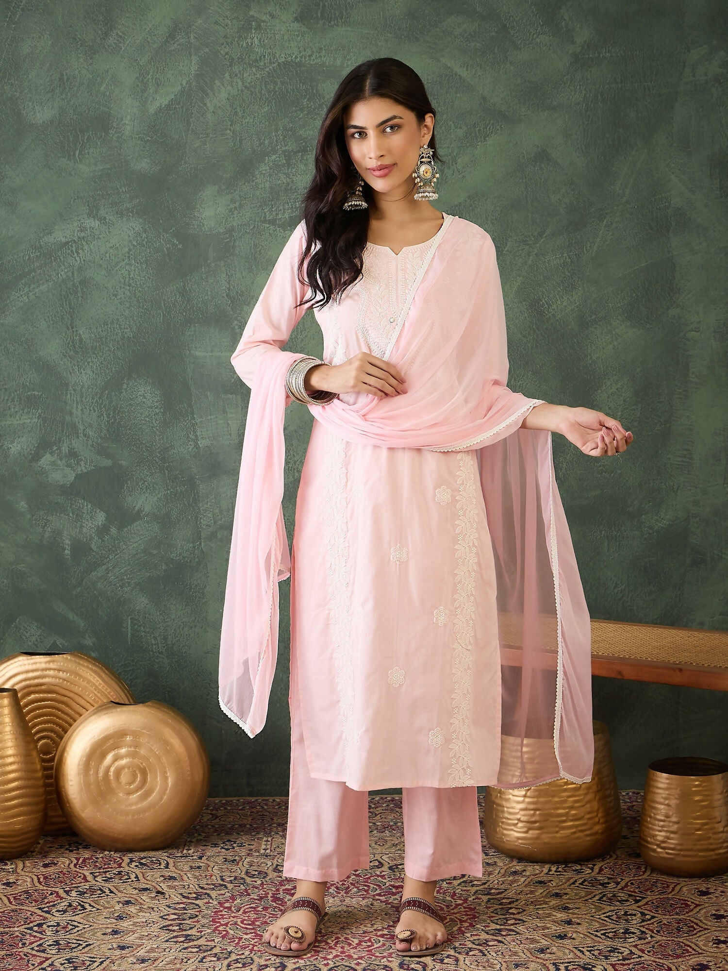 The52 Baby pink Women's Gorgeous Cotton Blend Fabric Thread Work Straight Kurta, Pant and Dupatta Set - Swadesiicart