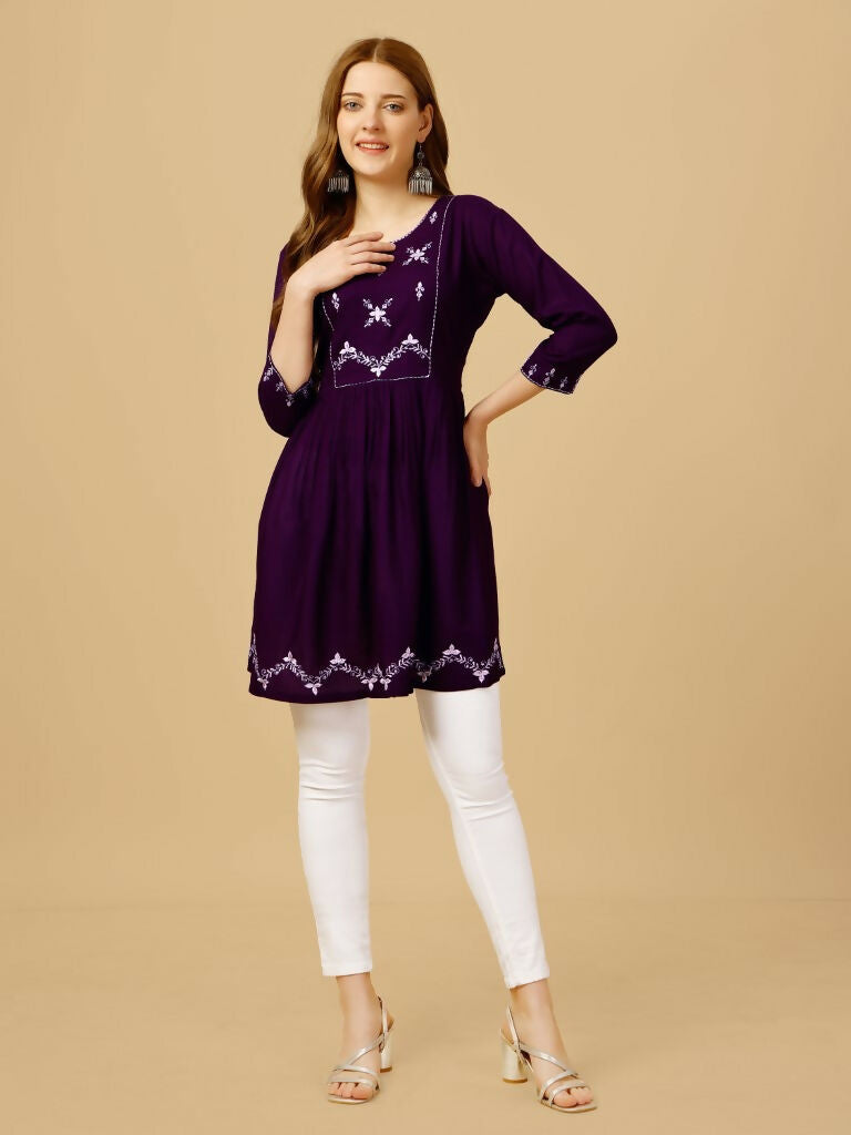 Jyoti Fashion Women's Purple Viscose Rayon Embroidered Casual Top | Swadesiicart