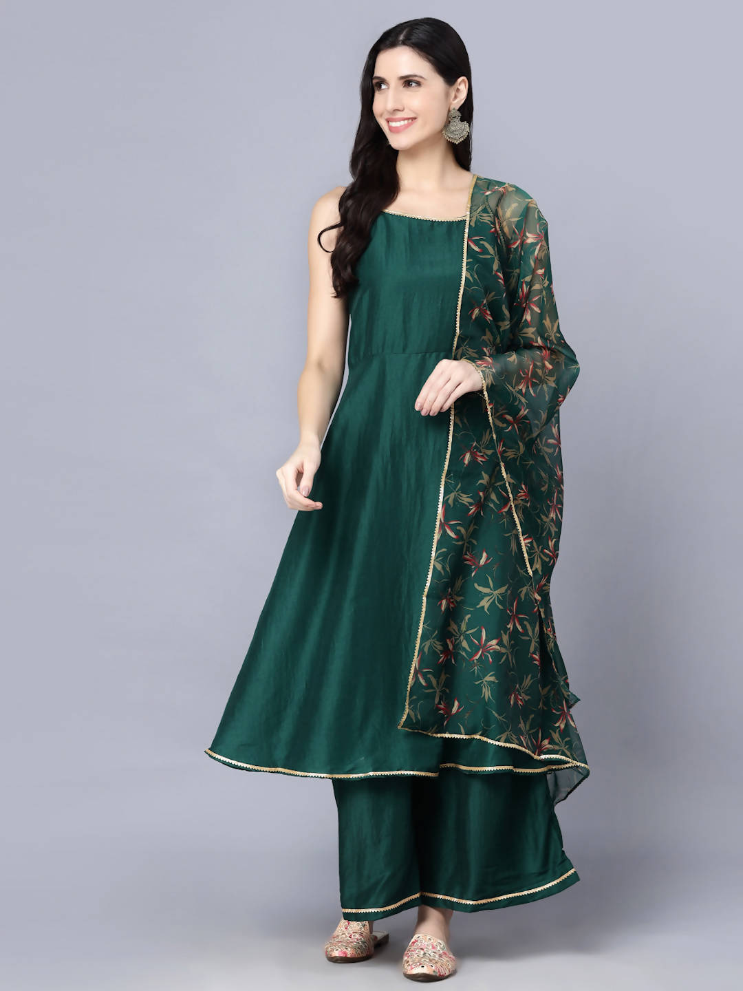 Myshka Women Green Ethnic Motifs Yoke Design Panelled Kurti with Sharara With Dupatta | Swadesiicart