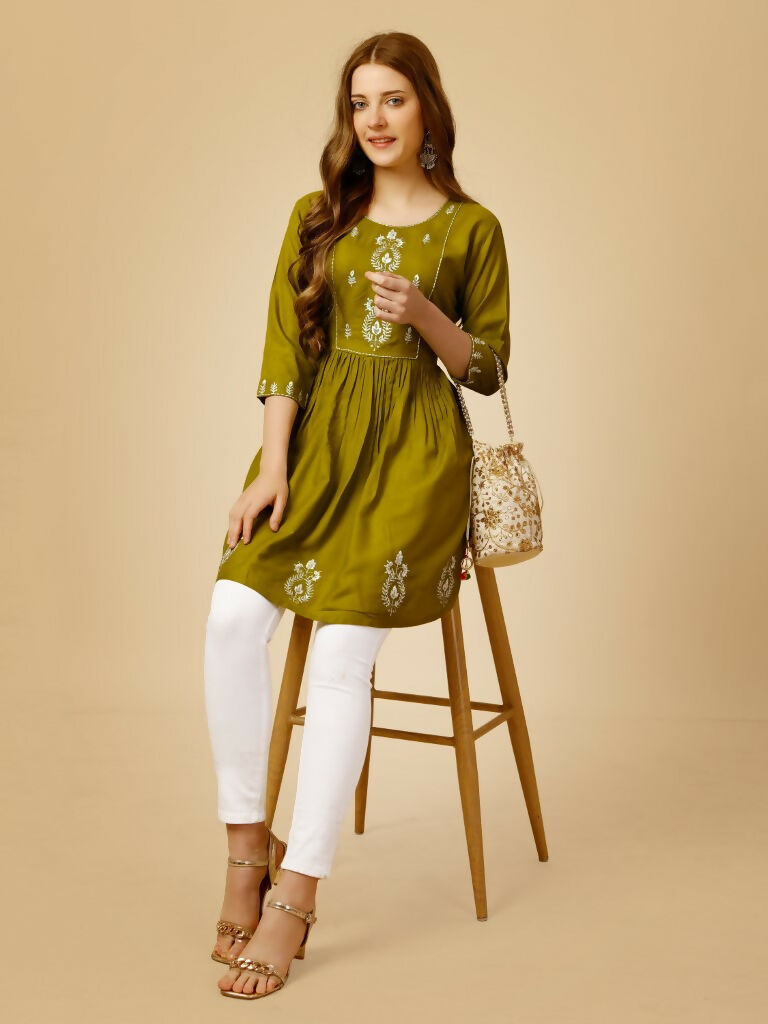 Jyoti Fashion Women's Mehendi Viscose Rayon Embroidered Casual Top | Swadesiicart