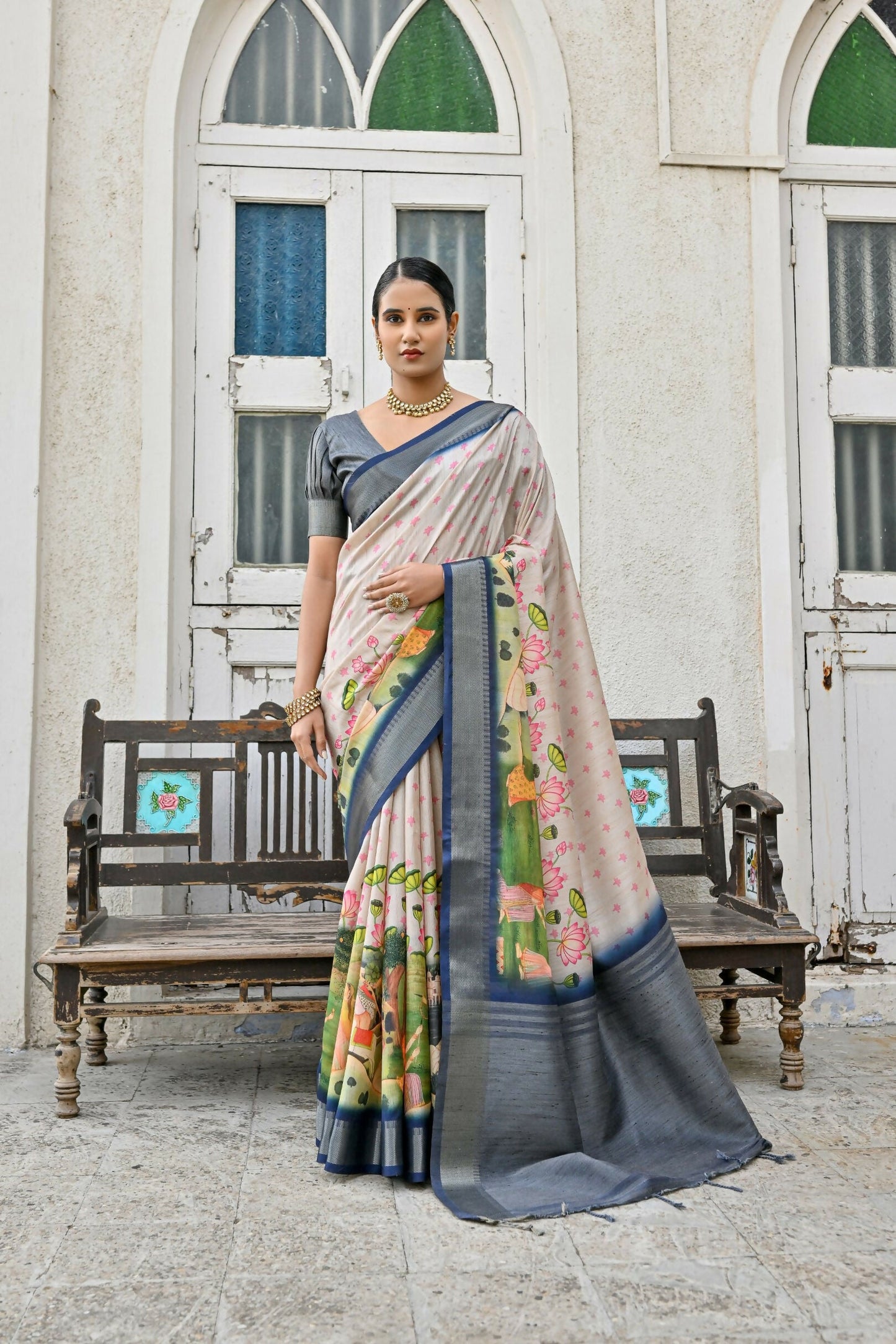 Vishnu Weaves Women's Blue Soft Tussar Silk Saree with Blouse - Swadesiicart