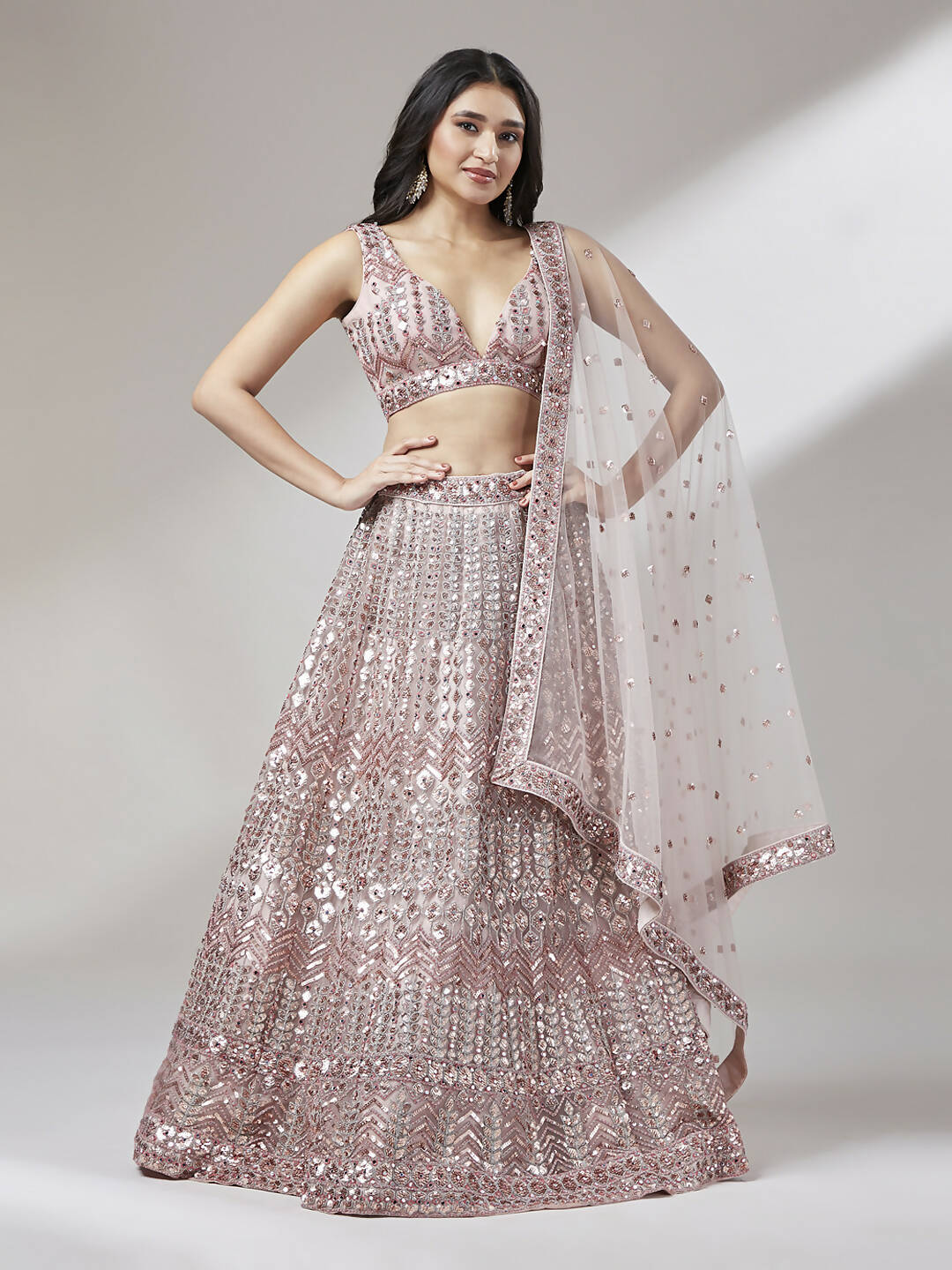 House of Panchhi Rose Gold Net Mirror & Sequinse embroidery Lehenga choli & Dupatta | Swadesiicart