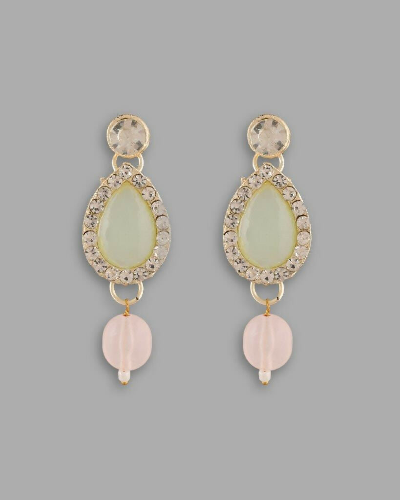 VOJ Gold-Polished Nude Pink And Mint Green Stone Studded Jewellery Set With Maang Tikka - Swadesiicart