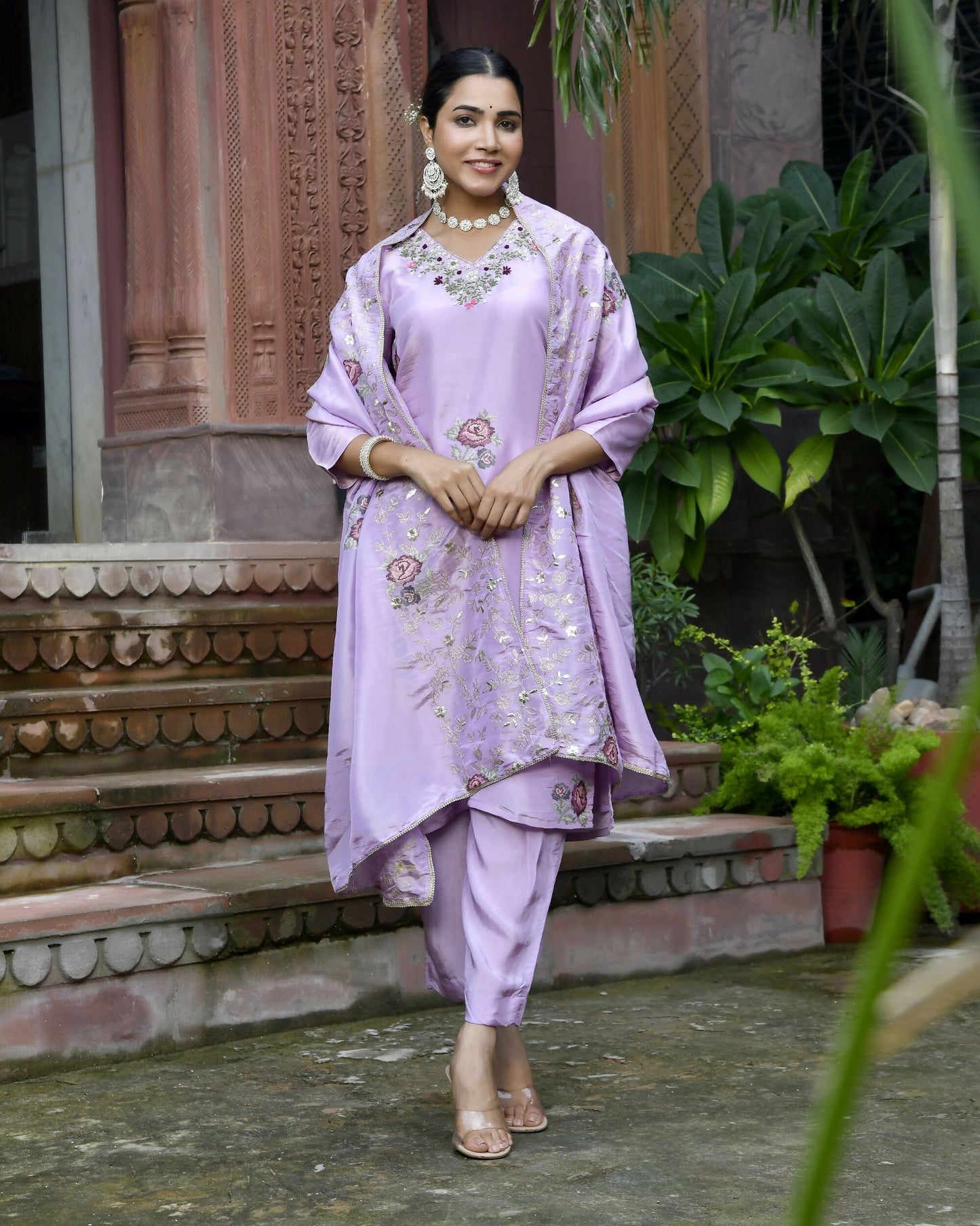 Vaasva Women's Tissue Silk Emboidered Suit Set With Solid Pant & Solid Embroidered Dupatta | Swadesiicart