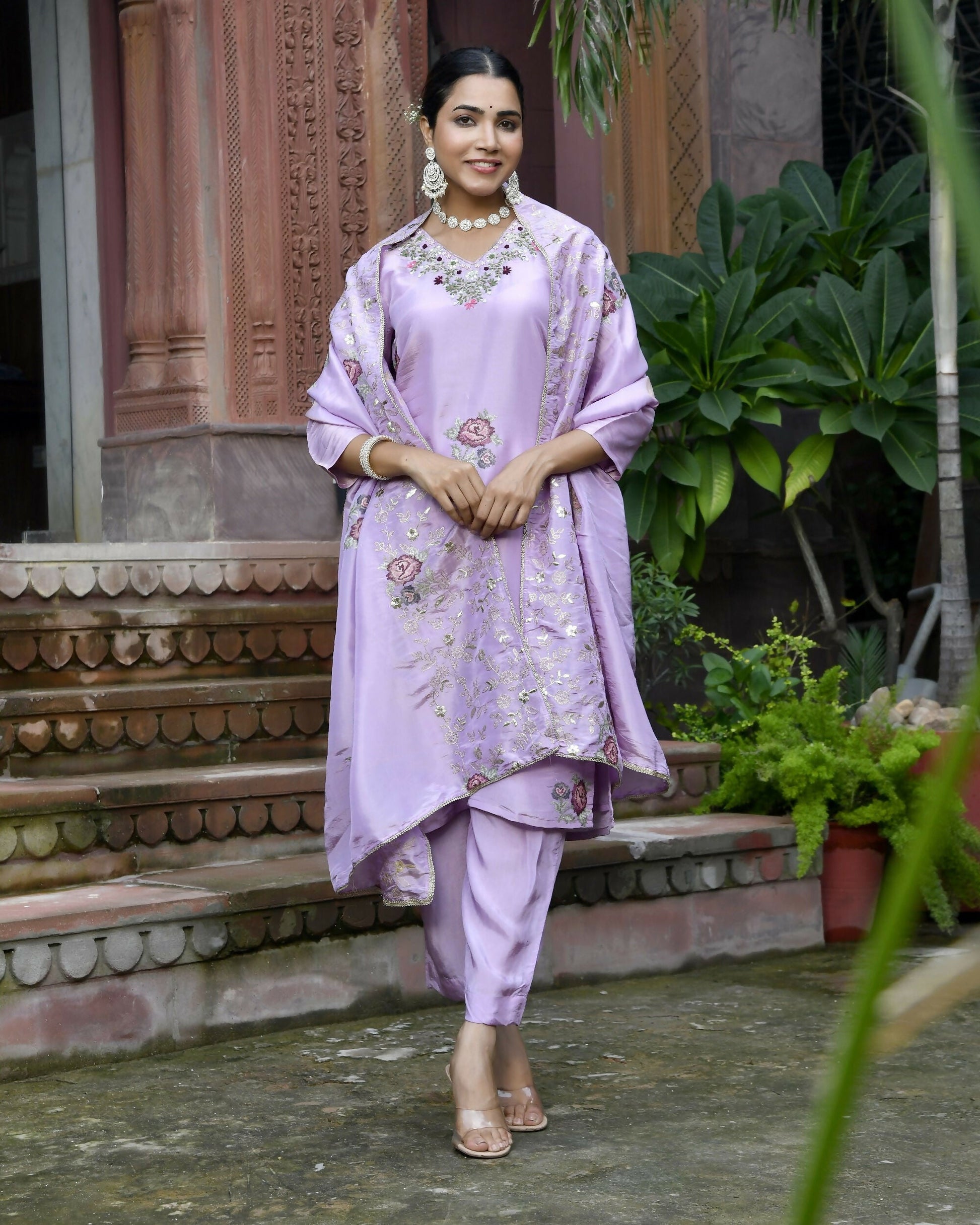 Vaasva Women's Tissue Silk Emboidered Suit Set With Solid Pant & Solid Embroidered Dupatta | Swadesiicart