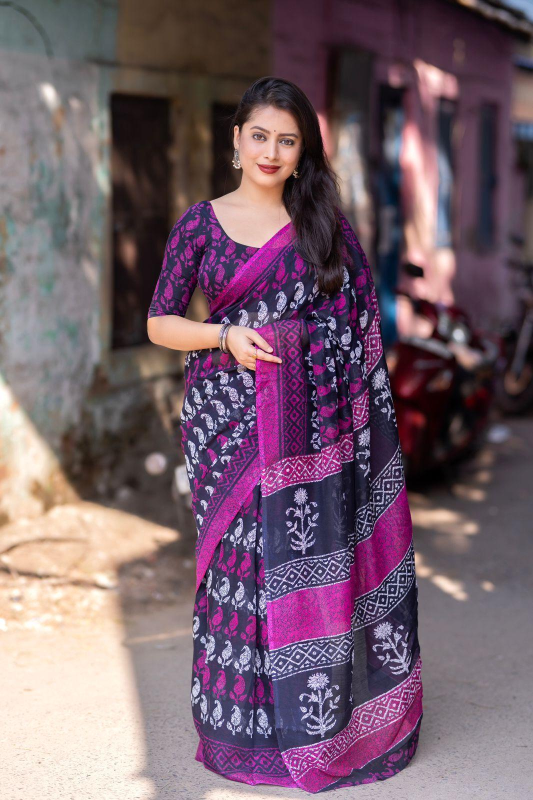Purple Linen Blend Ethnic Motifs Saree with Unstitched Blouse - Hiral Fashion | Swadesiicart