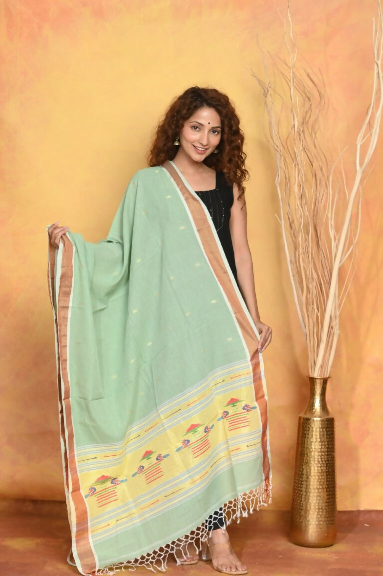 Very Much Indian Handloom Pure Cotton Paithani Dupatta - Sea Green | Swadesiicart