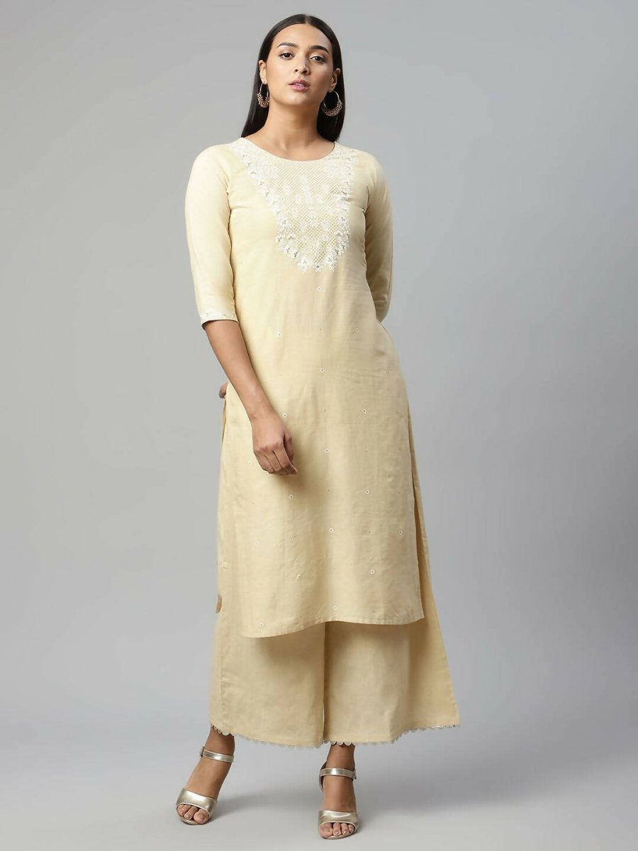 Ahalyaa Womens Chiku Pure Cotton Printed Kurta Palazzo Set | Swadesiicart