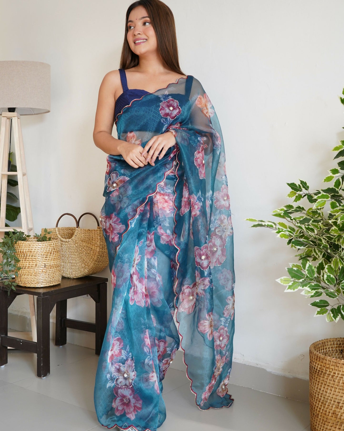 Vamsee Ramya Blue Organza Saree - Swadesiicart