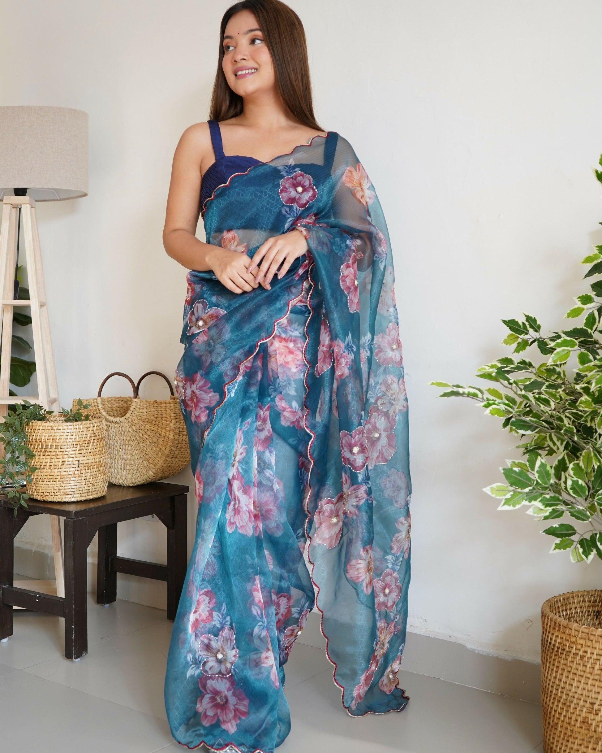 Vamsee Ramya Blue Organza Saree - Swadesiicart