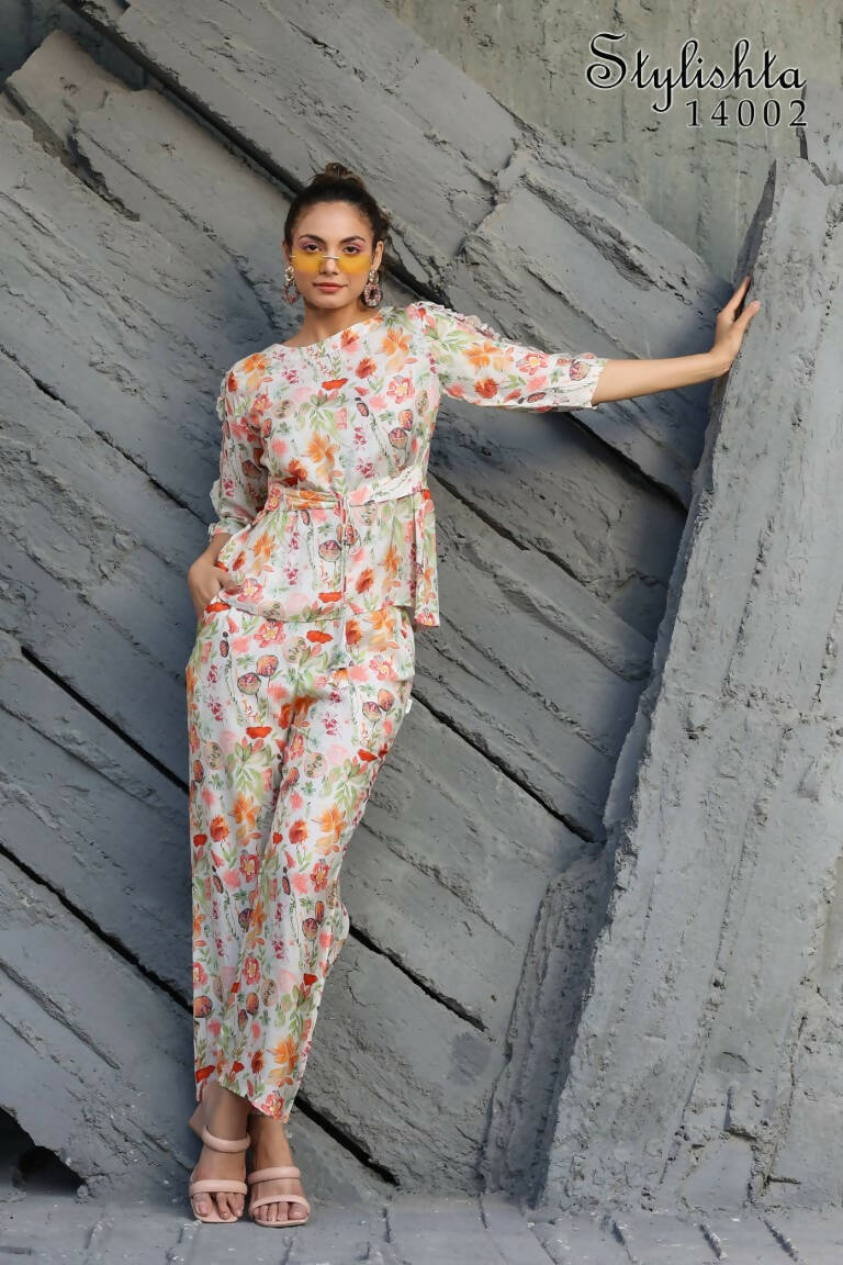 Women's Partywear Designer White & Multi Muslin co-ord set - Stylishta - Swadesiicart