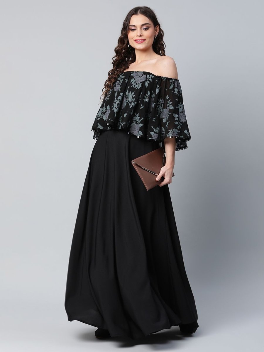 Ahalyaa Women Crepe Printed Black Dress | Swadesiicart