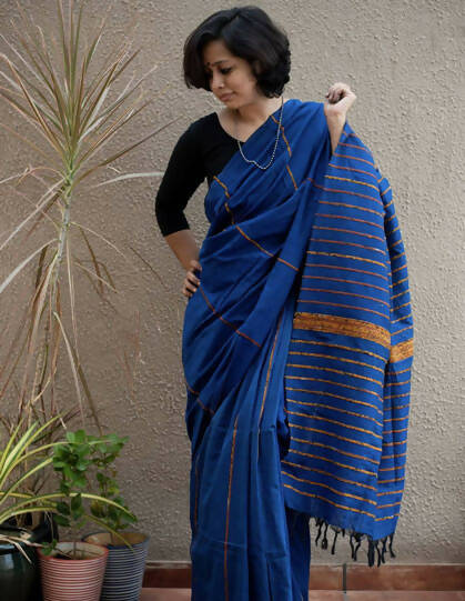 Exclusive Collection Khadi Cotton Handloom Khesh Saree With Blouse Piece - Blue - Swadesiicart