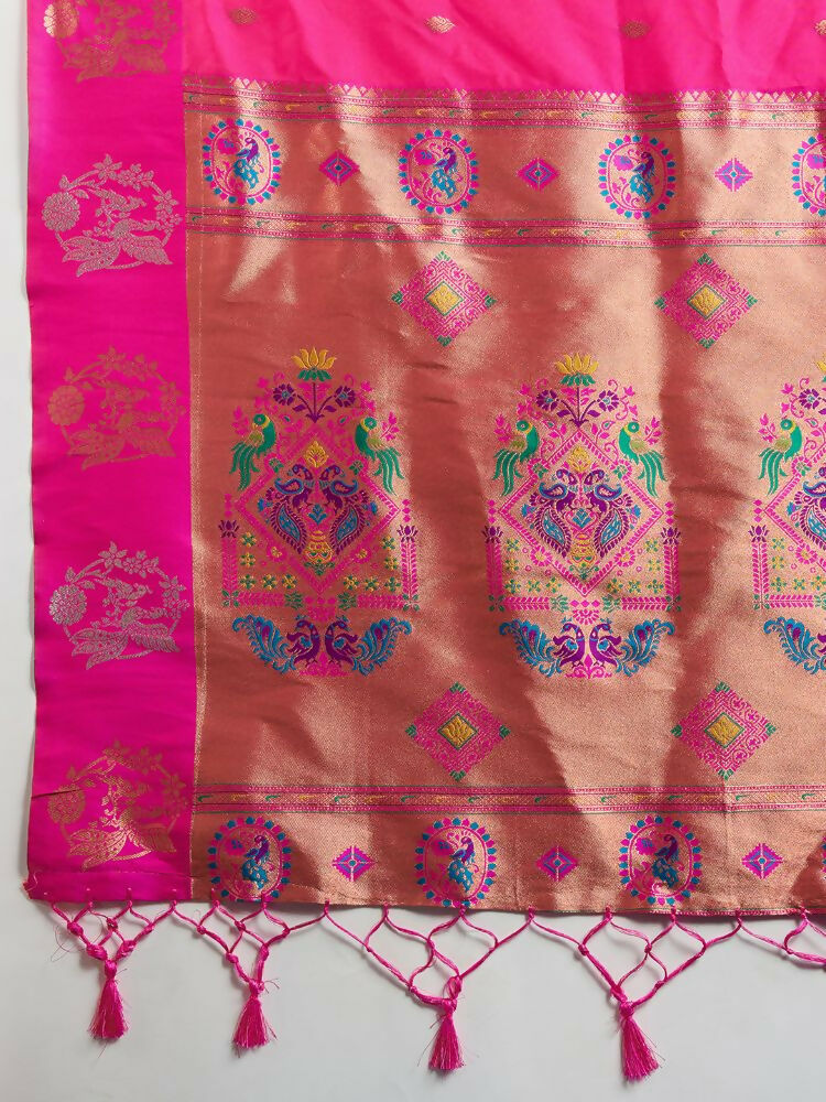 Vishnu Weaves Women's Pink Banarasi Silk Zari Woven Saree with Blouse - Swadesiicart