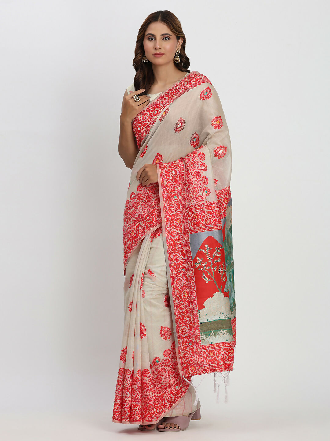 Shree Shyam Fashion Linen Cotton Cream & Red Saree